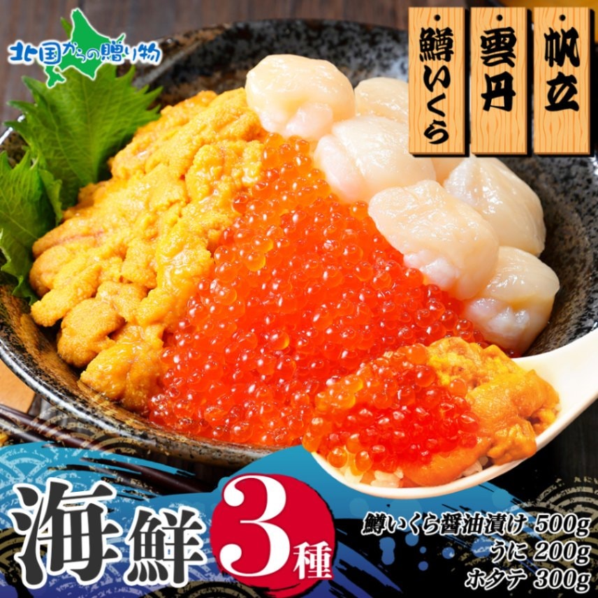 3種 海鮮丼 鱒 いくら醤油漬け 100g×5 5-6人前 ウニ チリ産 冷凍 雲丹 うに 200g ホタテ 300g 帆立 ます...